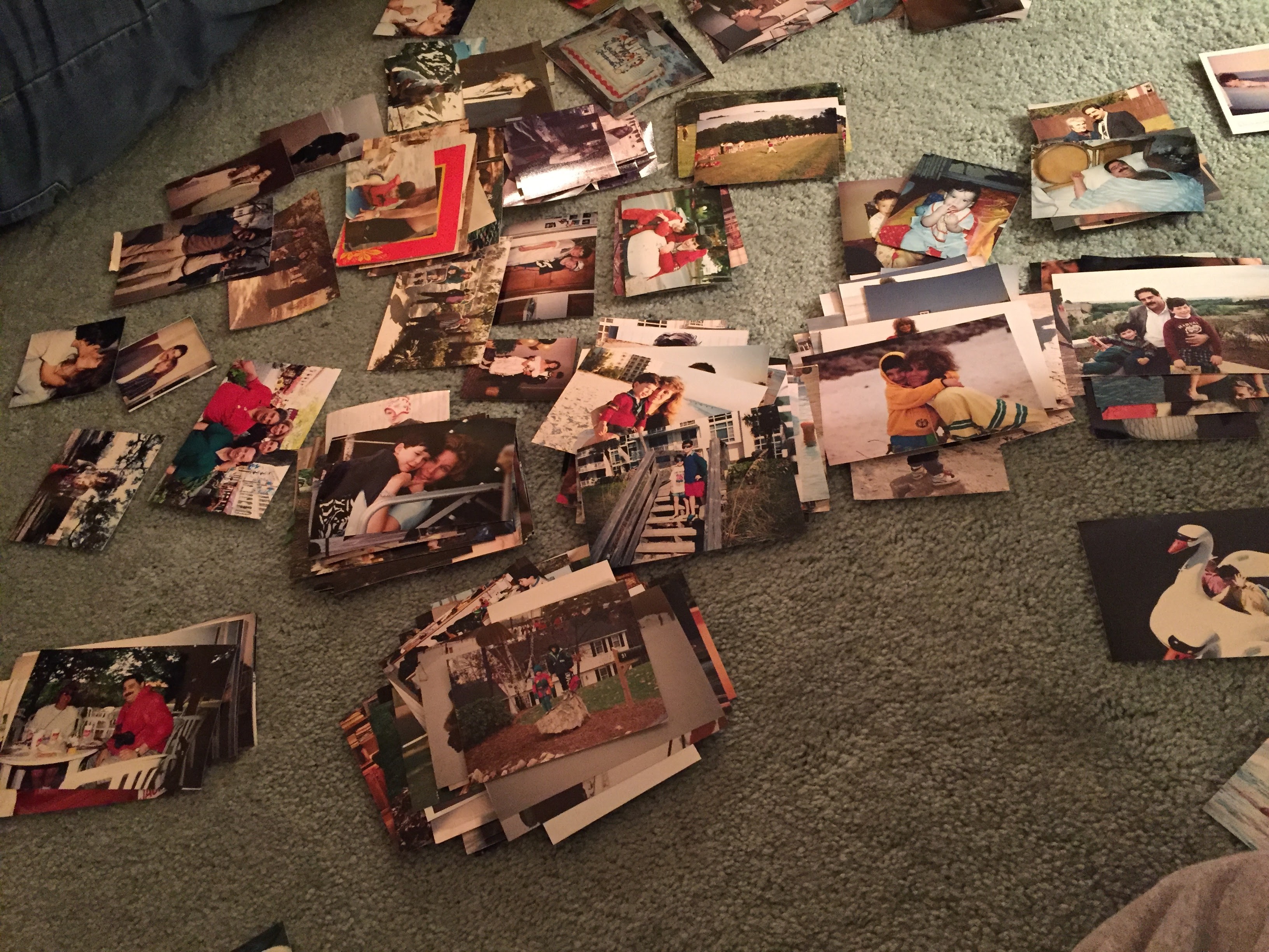 Photos on the floor in piles